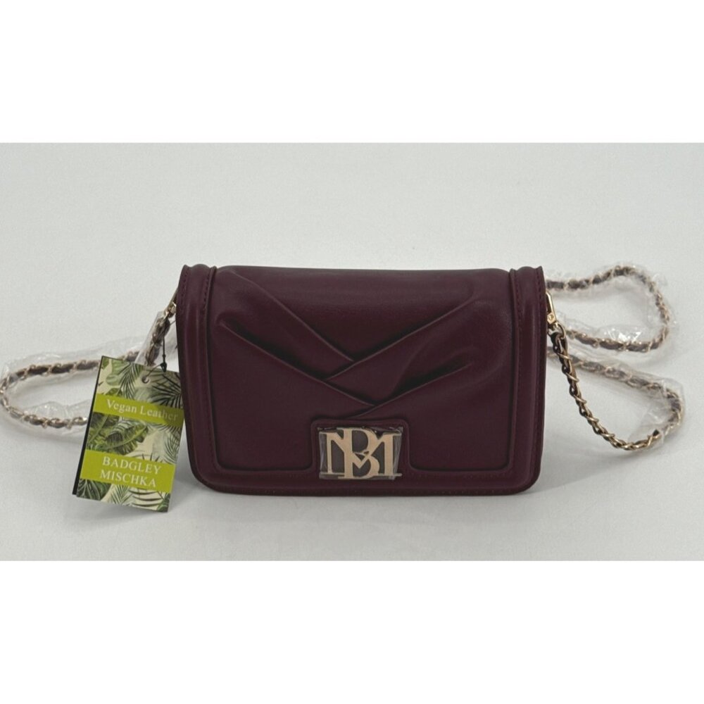 Badgley Mischka Burgundy Vegan Leather Quilted Crossbody Handbag With Gold Chain
